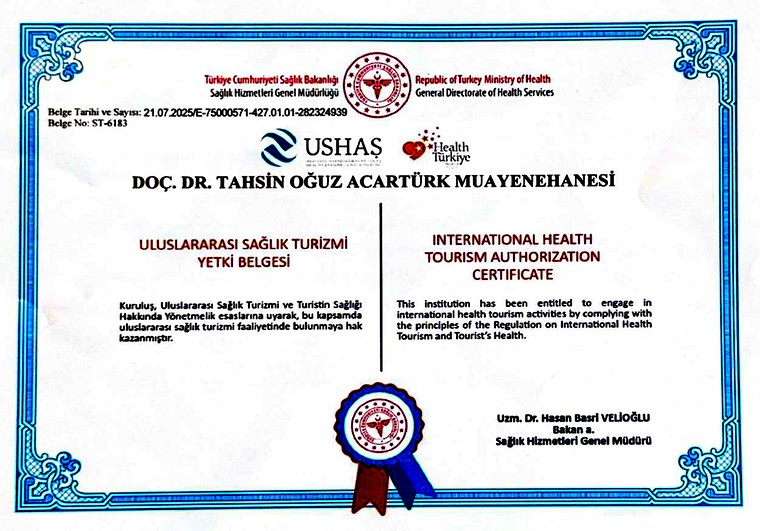 T.C. Sağlık Bakanlığı Uluslararası Sağlık Turizmi Yetki Belgesi — Doç. Dr. Tahsin Oğuz Acartürk Muayenehanesi, Belge No: ST-6183